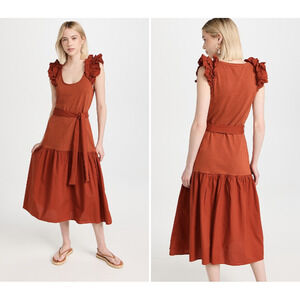 NATION LTD x Evereve NWT Everleight Ruffle Shoulder Midi Dress in Cayenne // L